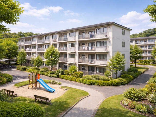 敷地に余裕のある低層賃貸住宅の外観イメージ。