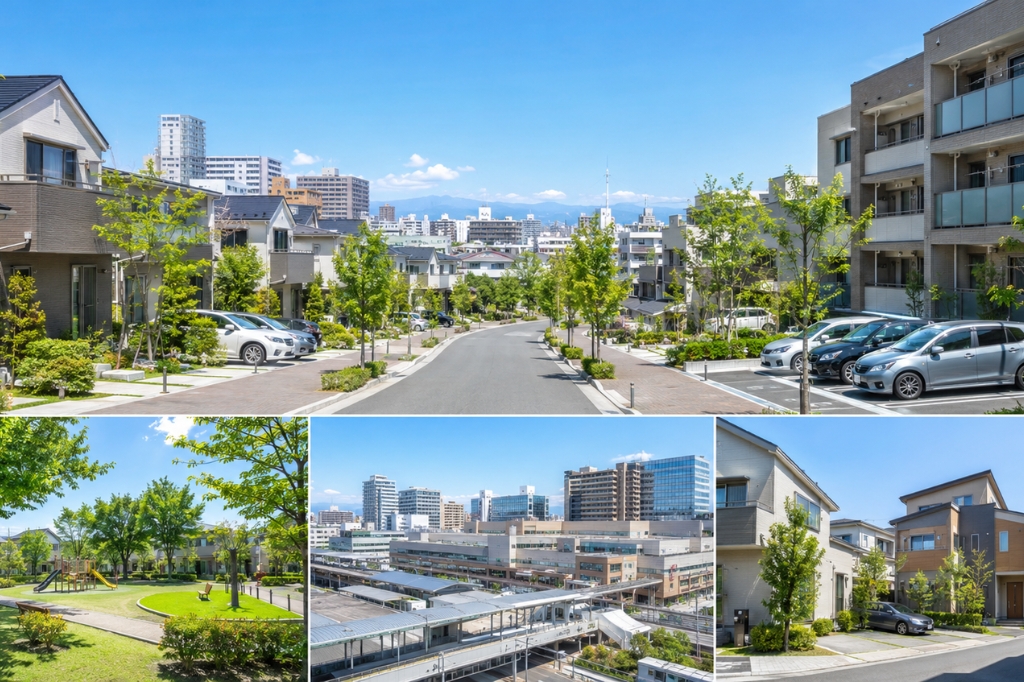 厚木市のファミリー層が暮らす駐車場付き住宅街と外壁塗装を検討するイメージ