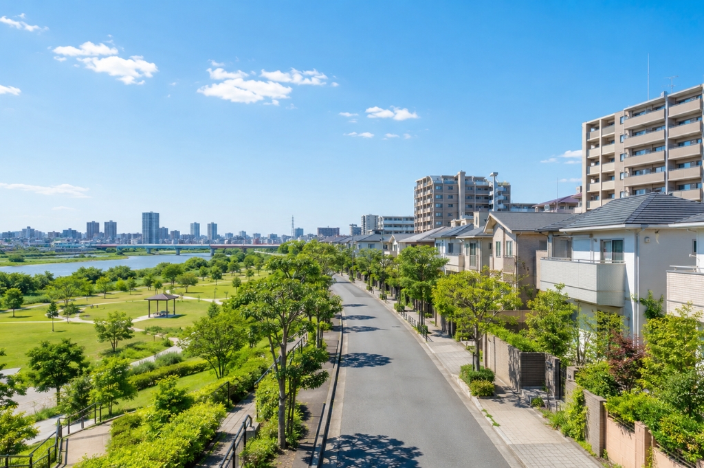 川崎市のファミリー層が暮らす多摩川沿いの住宅街と外壁塗装を検討するイメージ