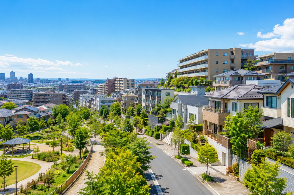 横浜市のファミリー層が暮らす丘陵地の住宅街と外壁塗装を検討するイメージ